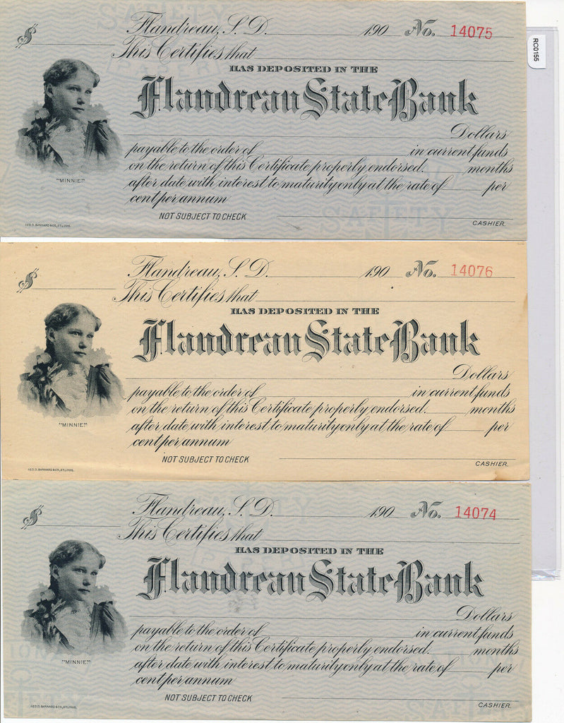 RC0155   indian territory check  flandreau bank group of 3 combine shipping