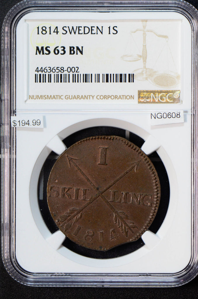 NG0608 Sweden 1814 S Skilling NGC MS63 BN rare in this grade combine shipping
