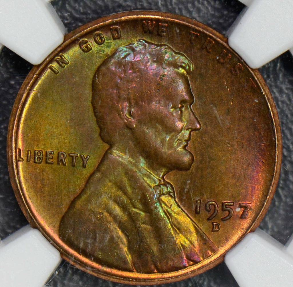 1957 D Cent NGC MS65 RB lincon cent stunning green and purple toning NG0328 com