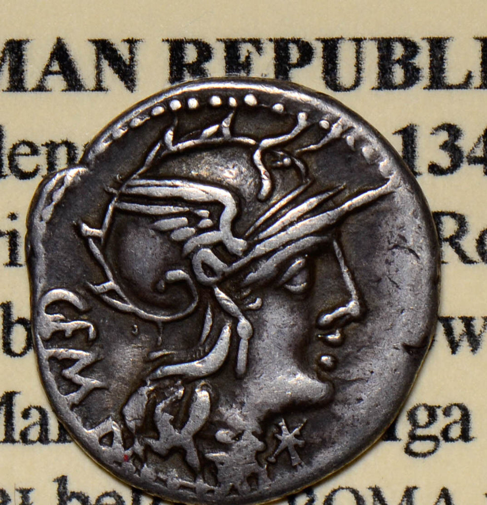Roman 134 BC ca Denari silver VF~XF Aburia 1, C. Hf of Roma Gem behin, * AN0031