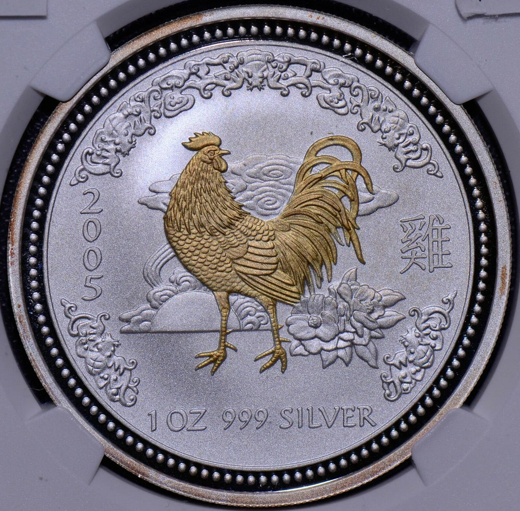 NG0117 Austria 2005  Dollar NGC MS 68 Gilt YEAR OF THE ROOSTER FROSTED