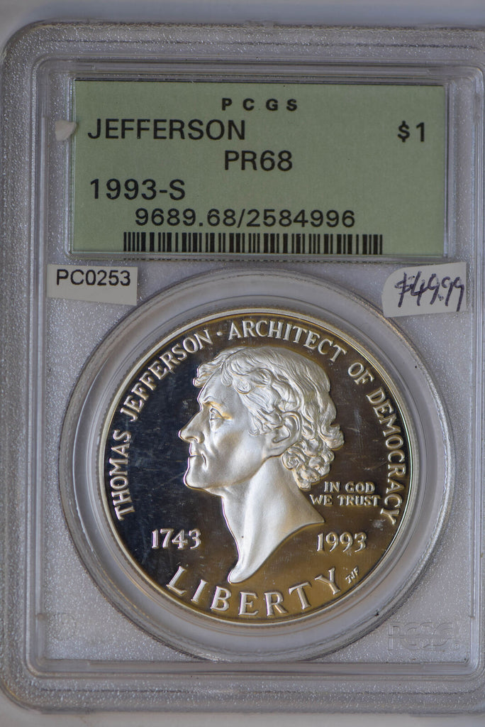 1993 S $1 PCGS Proof 68 jefferson  green label PC0253 combine shipping