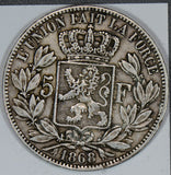 BU0217 Belgium 1868 5 Francs silver VF~XF the one you receive will be of the sam