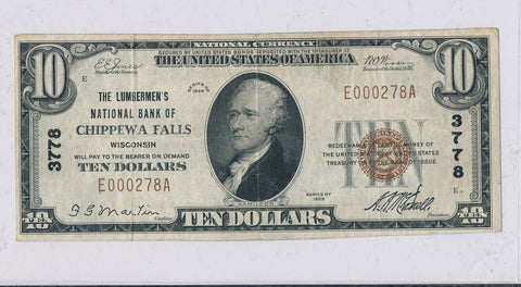 RC0243  1929 national currency Chippewa Falls $10 chart # 3778 combine shipping