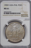 Philippines 1908 S Peso silver NGC MS61 NG0687 combine shipping