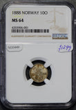 NG0449 Norway 1888 10 Ore silver NGC MS64 finest known combine shipping