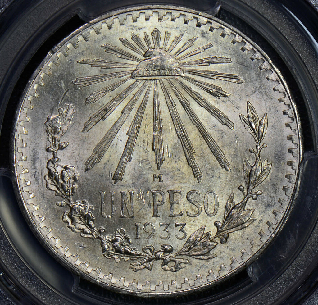 PC0128 Mexico 1933 M Peso silver cap and rays PCGS MS65