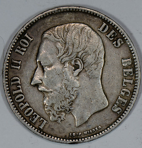 BU0217 Belgium 1868 5 Francs silver VF~XF the one you receive will be of the sam