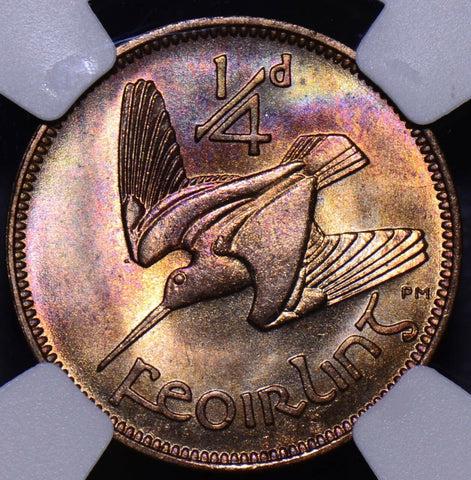 NG0143 Ireland 1959  1/4 Penny NGC MS 65 RB red blue purple toning