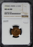 British India 1934 C 1/12 Anna NGC MS66RB calcutta mint combine shipping NG0398