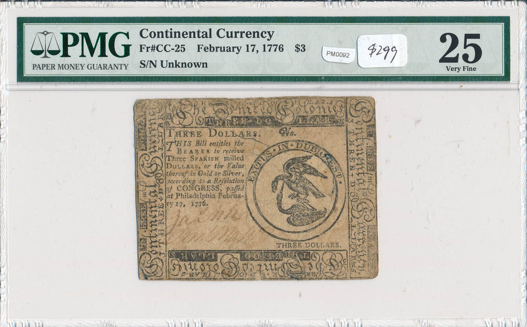 PM0092 February 17, 1776 Continental Currency $3 PMG VF25 Fr#CC-25 combine shipp