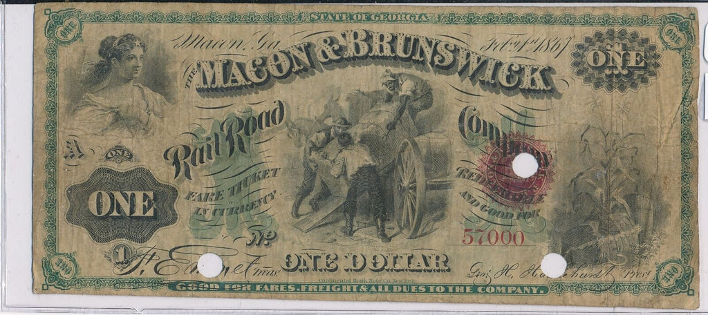 RC0248  1867 MACON & BRUNSWICK RAIL ROAD CO (GEORGIA)  $1 Dollar rare in this co