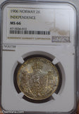 Norway 1906 2 Kroner silver NGC MS66 independence golden green toning rare this