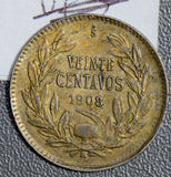 Chile 1908 20 Centavos silver AU  C0267 combine shipping