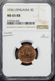 Lithuania 1936 5 Centas NGC MS65RB rare in this grade NG0492 combine shipping