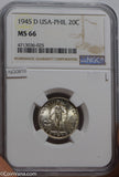 Philippines 1945 D 20 Centavtos silver NGC MS66 NG0810 combine shipping