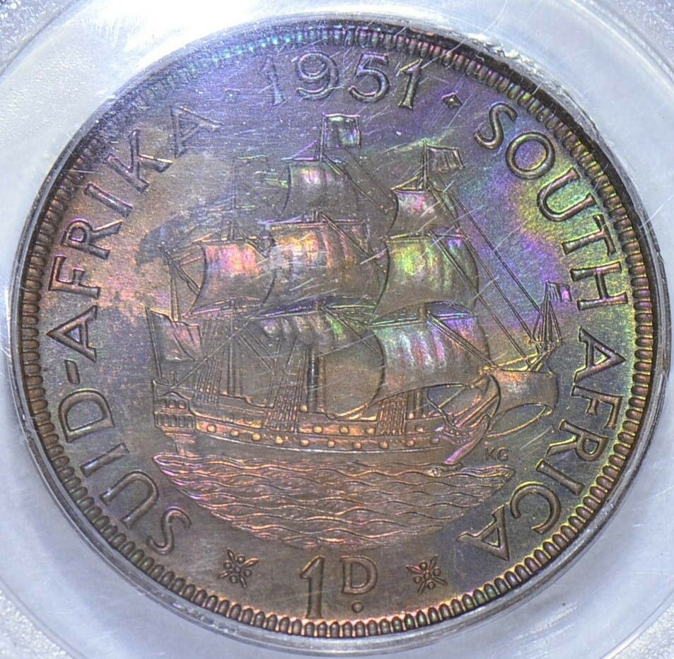 South Africa 1951  Penny PCGS PR66BN Proof Purple Green toning combine shipping