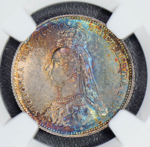 Great Britain 1887 Shilling silver gorgeous purple blue and golden toning NG0440
