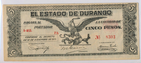RC0118 Mexico 1913 5 Pesos AU Durango combine shipping