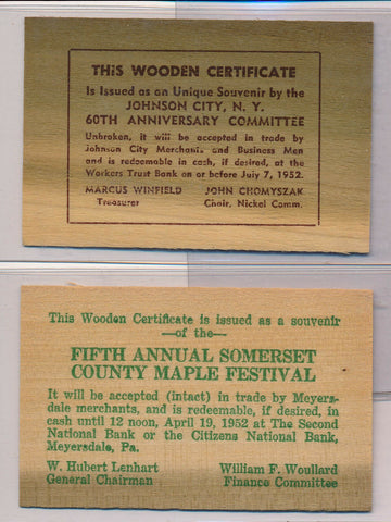RC0112  1952 wooden certificate  lot of 2 combine shipping