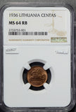 Lithuania 1936 Centas NGC MS64RB mostly red NG0527 combine shipping