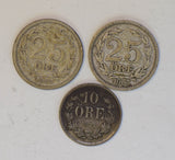 Sweden 1898 1907 25 Ore, 1874 10 Ore,  silver 3 pieces BU0376 combine shipping