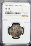 Sarawak 1934 H 10 Cents NGC MS64 blasting luster NG0551 combine shipping