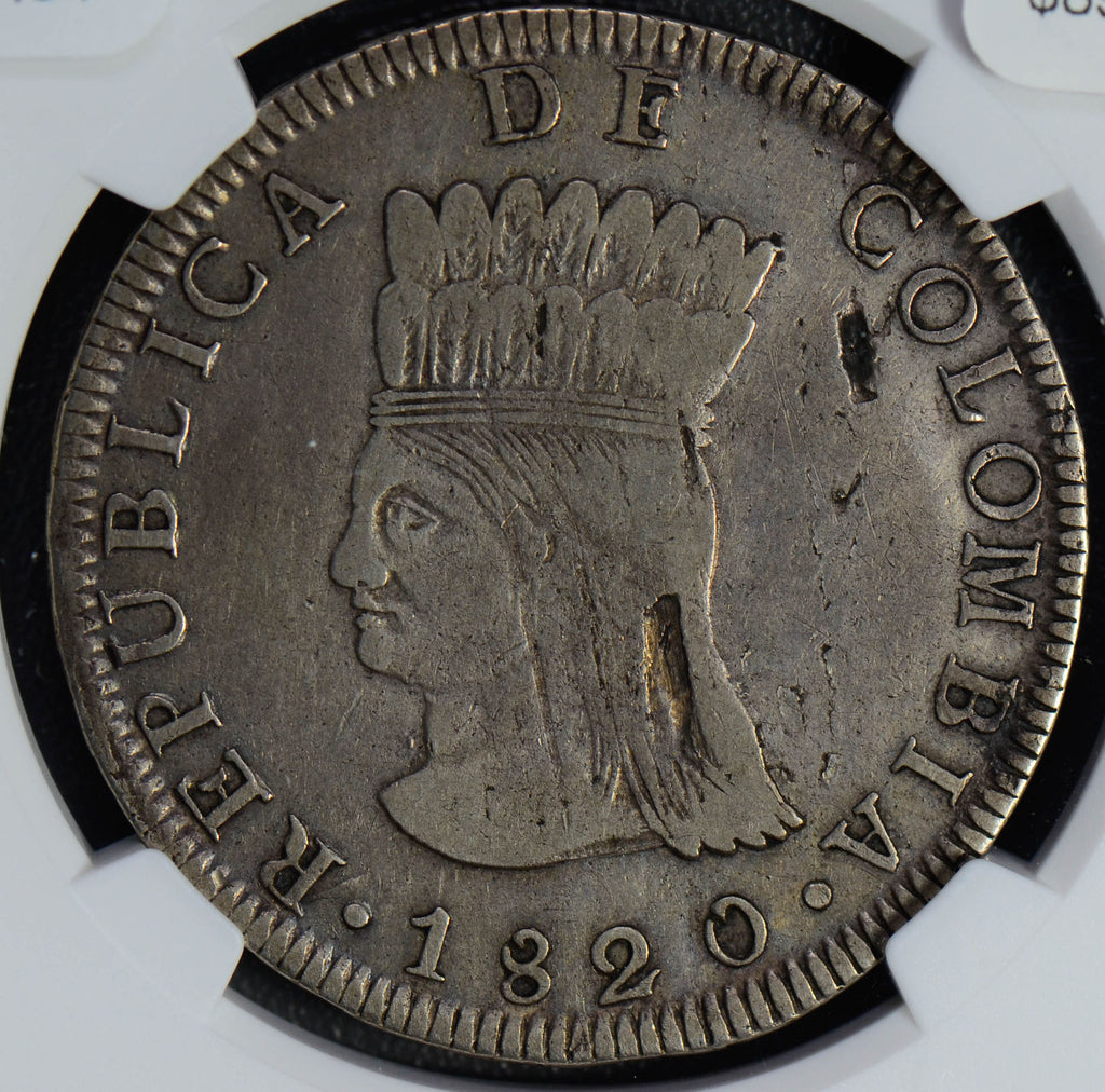 Colombia 1820 8 Reales silver NGC VF30 rare in this grade, indentation ar NG0481