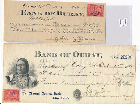 RC0156  1899 check  bank of ouray with stamps combine shipping