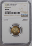 Great Britain 1863 Maundy 4 Pence silver NGC MS64 stunning purple golden toning