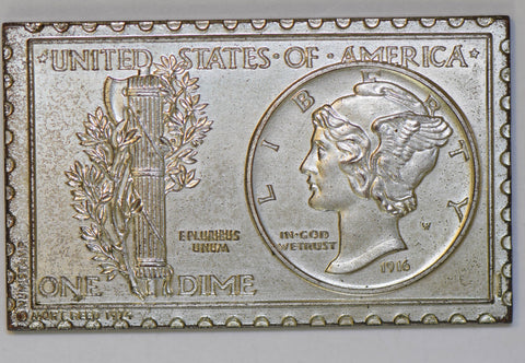 1974 Numistamp medal of 1916 Mercury dime mort reed token nickel colored BU0297