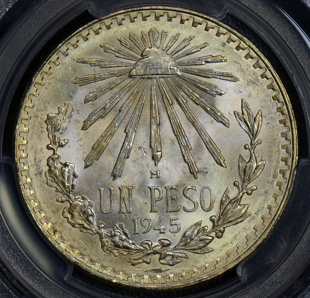 PC0139 Mexico 1945 M Peso silver cap and rays PCGS MS65