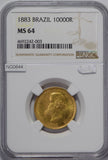 Brazil 1883 10000 Reis gold NGC MS64 rare in this grade! NG0644 combine shipping